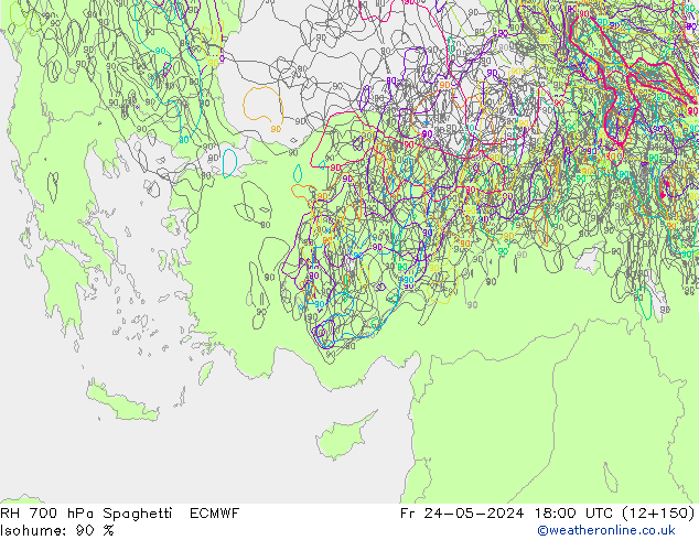 RH 700 hPa Spaghetti ECMWF Sex 24.05.2024 18 UTC