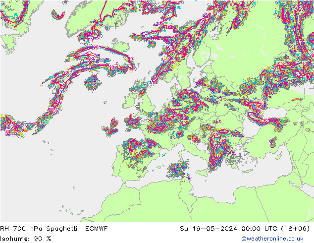 RH 700 hPa Spaghetti ECMWF Su 19.05.2024 00 UTC