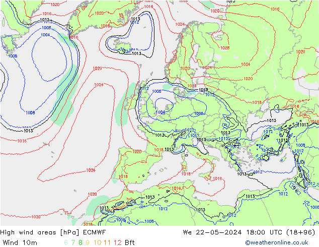 High wind areas ECMWF St 22.05.2024 18 UTC