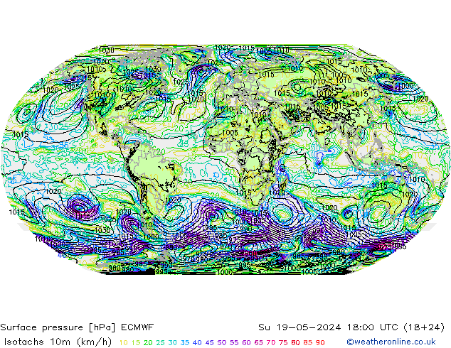 Isotachen (km/h) ECMWF So 19.05.2024 18 UTC