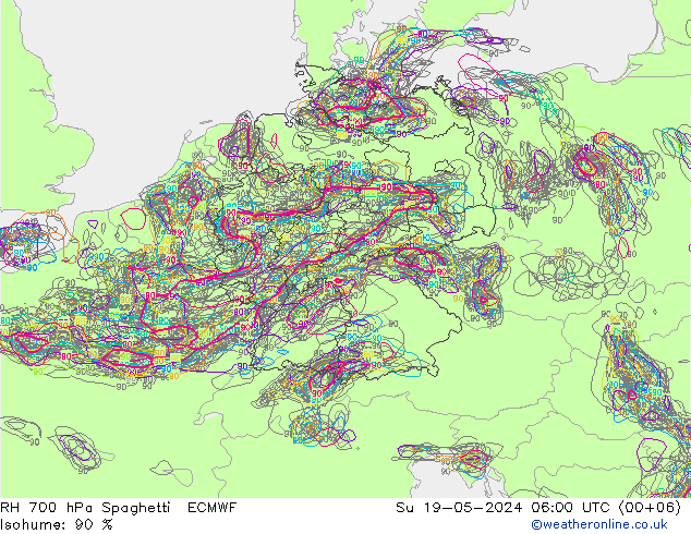 RH 700 hPa Spaghetti ECMWF 星期日 19.05.2024 06 UTC