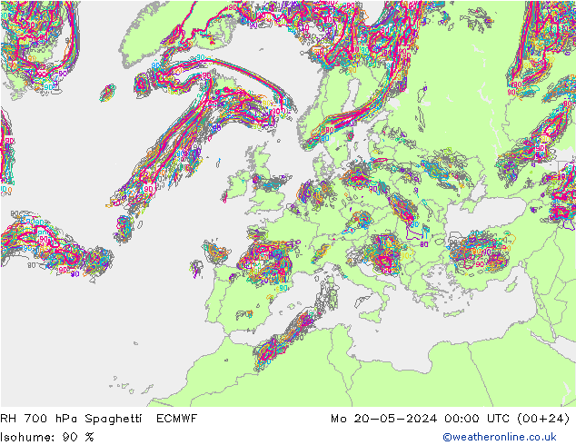 RH 700 hPa Spaghetti ECMWF Mo 20.05.2024 00 UTC