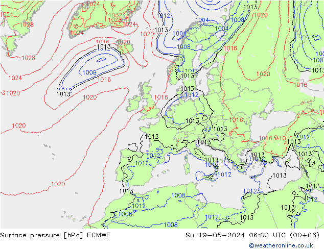Presión superficial ECMWF dom 19.05.2024 06 UTC