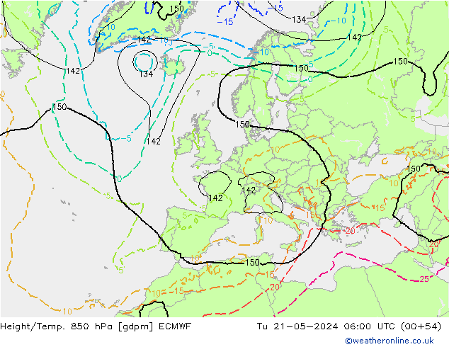 Hoogte/Temp. 850 hPa ECMWF di 21.05.2024 06 UTC