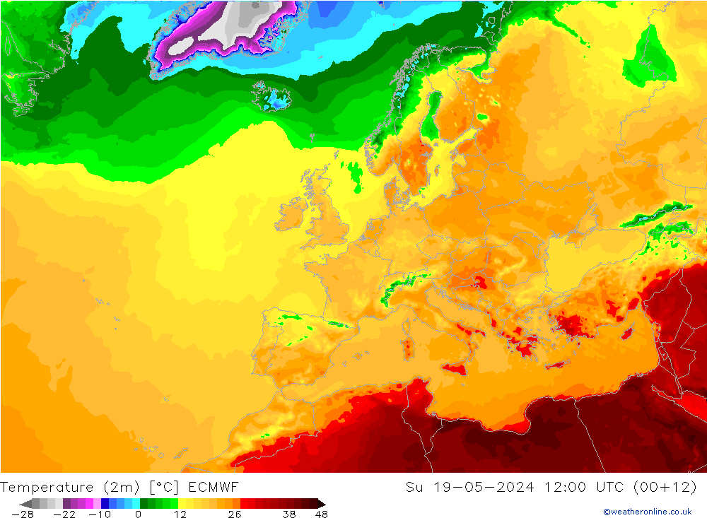 Temperature (2m) ECMWF Su 19.05.2024 12 UTC