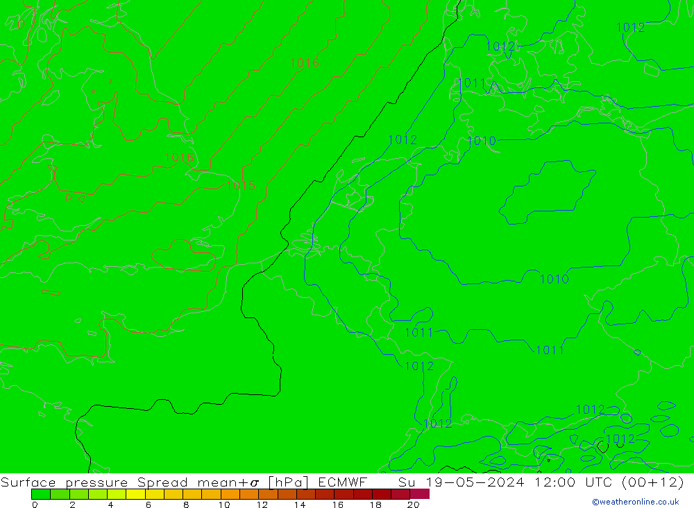 Pressione al suolo Spread ECMWF dom 19.05.2024 12 UTC
