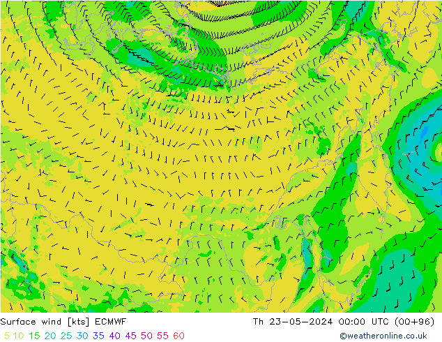 Surface wind ECMWF Čt 23.05.2024 00 UTC