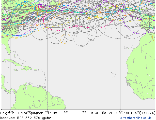 Geop. 500 hPa Spaghetti ECMWF jue 30.05.2024 12 UTC