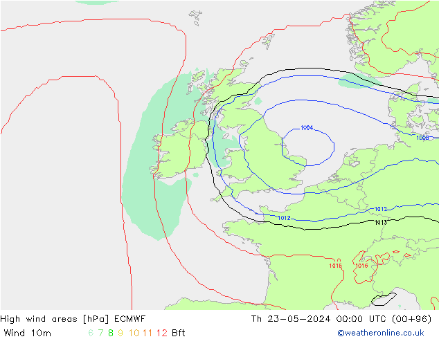 High wind areas ECMWF Čt 23.05.2024 00 UTC