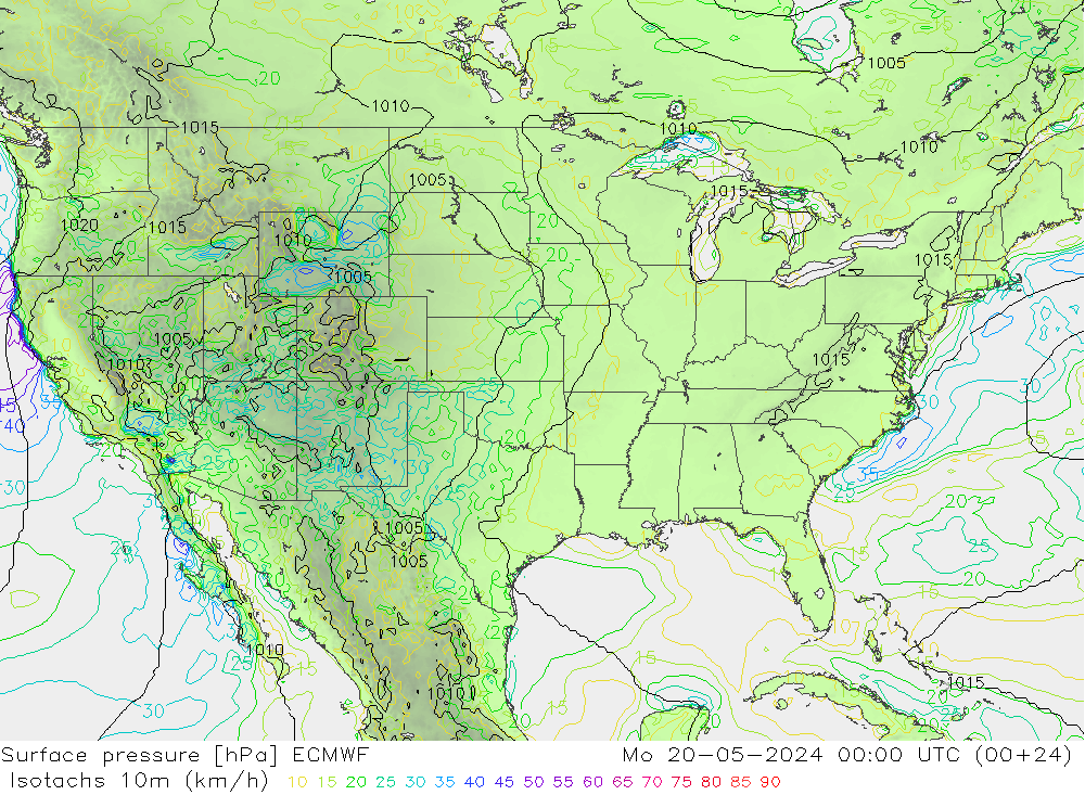 Isotachs (kph) ECMWF Mo 20.05.2024 00 UTC