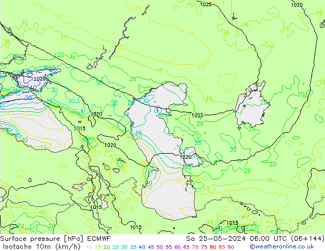 Isotaca (kph) ECMWF sáb 25.05.2024 06 UTC