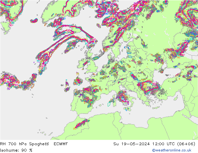 RH 700 hPa Spaghetti ECMWF Su 19.05.2024 12 UTC