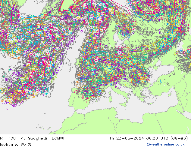 RH 700 hPa Spaghetti ECMWF gio 23.05.2024 06 UTC