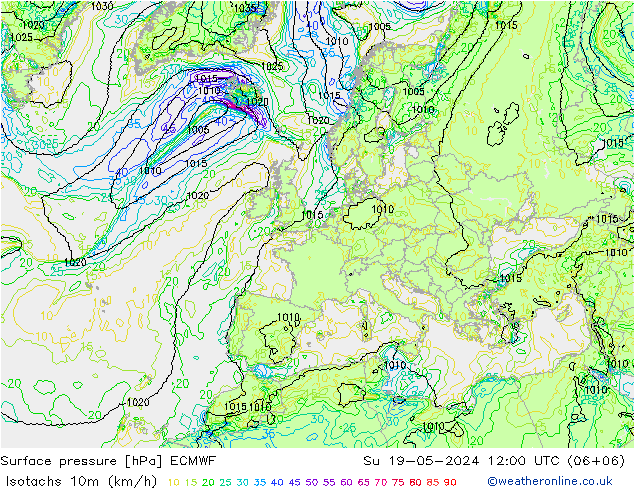 10米等风速线 (kph) ECMWF 星期日 19.05.2024 12 UTC