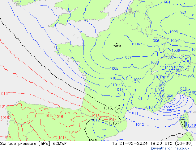 Surface pressure ECMWF Tu 21.05.2024 18 UTC