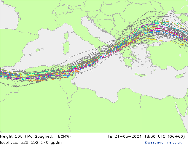 Hoogte 500 hPa Spaghetti ECMWF di 21.05.2024 18 UTC