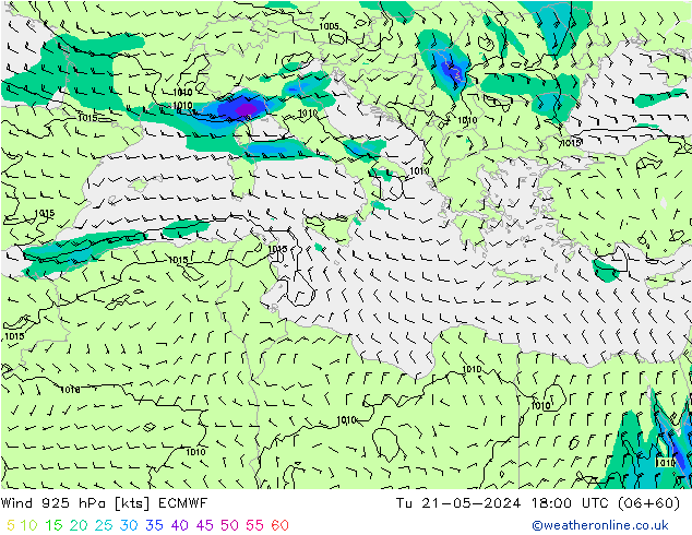 Wind 925 hPa ECMWF Tu 21.05.2024 18 UTC