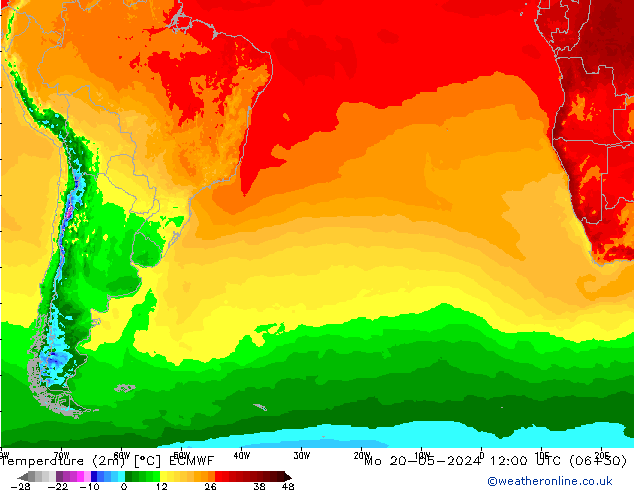 mapa temperatury (2m) ECMWF pon. 20.05.2024 12 UTC