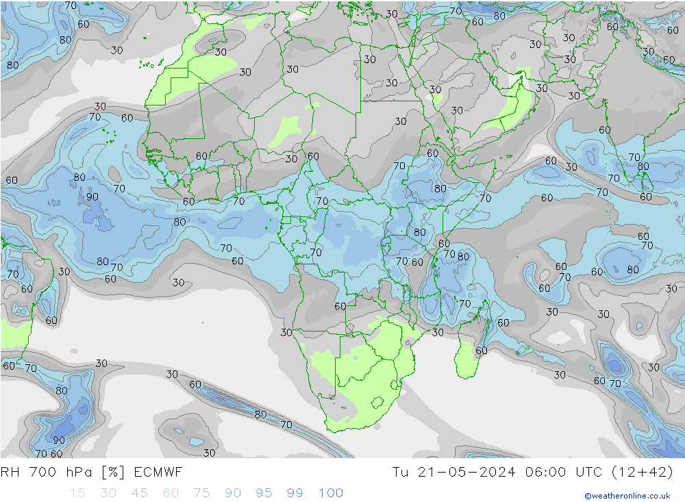 RH 700 гПа ECMWF вт 21.05.2024 06 UTC
