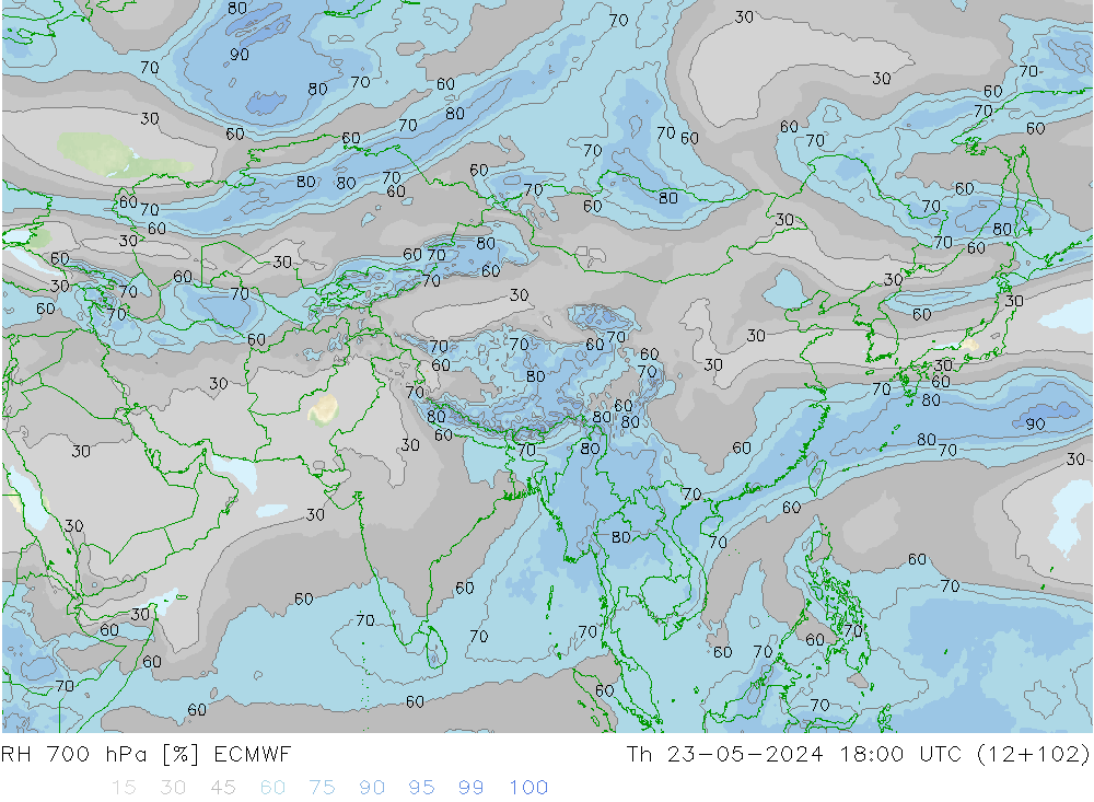 Humidité rel. 700 hPa ECMWF jeu 23.05.2024 18 UTC