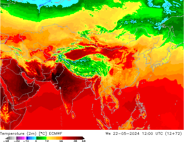 Temperatuurkaart (2m) ECMWF wo 22.05.2024 12 UTC