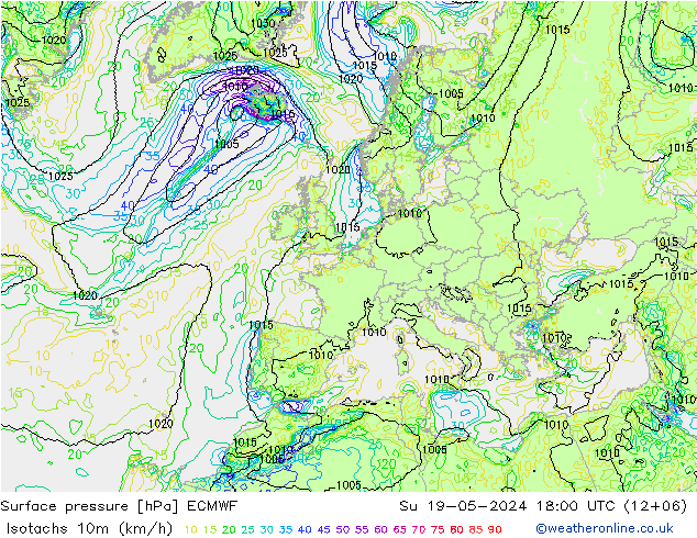 10米等风速线 (kph) ECMWF 星期日 19.05.2024 18 UTC