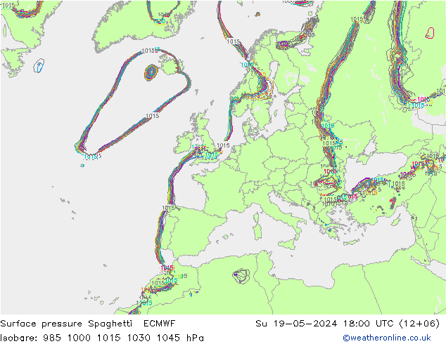 Surface pressure Spaghetti ECMWF Su 19.05.2024 18 UTC