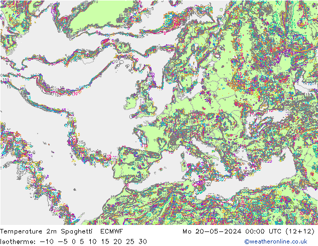 Temperature 2m Spaghetti ECMWF Mo 20.05.2024 00 UTC