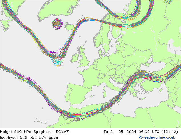 Height 500 hPa Spaghetti ECMWF Tu 21.05.2024 06 UTC