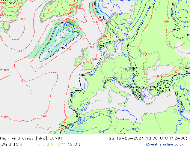 High wind areas ECMWF 星期日 19.05.2024 18 UTC
