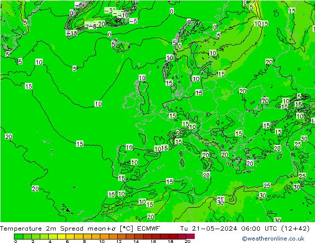 Temperatuurkaart Spread ECMWF di 21.05.2024 06 UTC