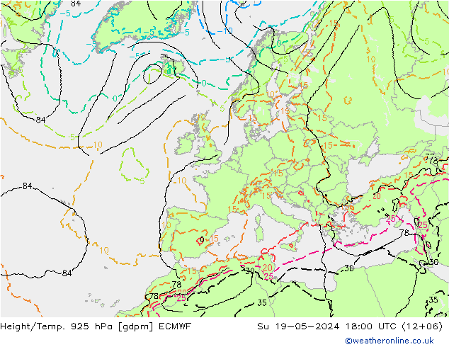 Height/Temp. 925 hPa ECMWF dom 19.05.2024 18 UTC