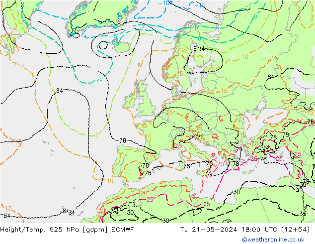 Height/Temp. 925 hPa ECMWF wto. 21.05.2024 18 UTC