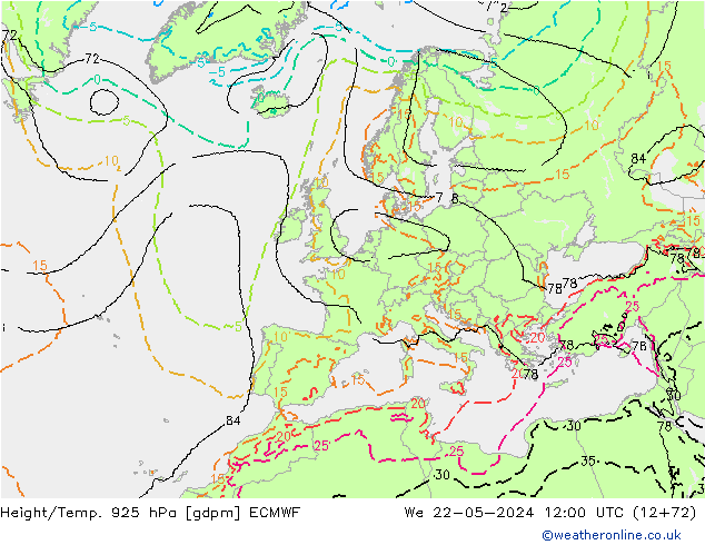 Height/Temp. 925 hPa ECMWF mer 22.05.2024 12 UTC