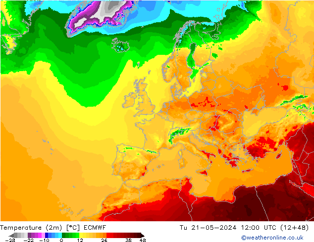 mapa temperatury (2m) ECMWF wto. 21.05.2024 12 UTC