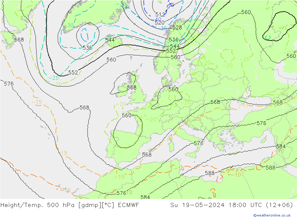Height/Temp. 500 hPa ECMWF Dom 19.05.2024 18 UTC