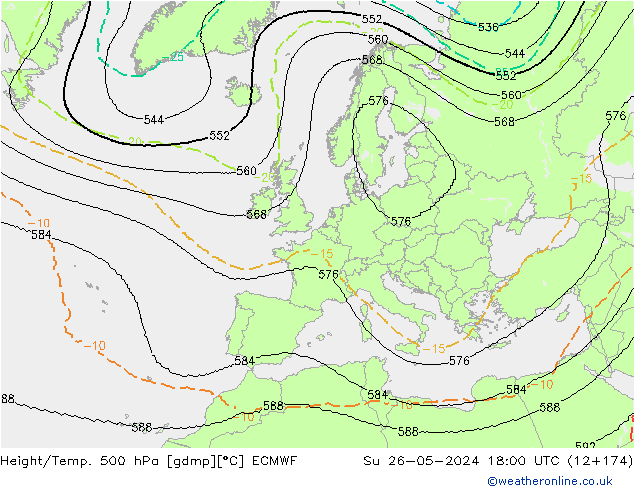 Hoogte/Temp. 500 hPa ECMWF zo 26.05.2024 18 UTC