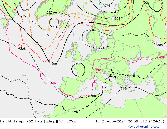 Height/Temp. 700 гПа ECMWF вт 21.05.2024 00 UTC