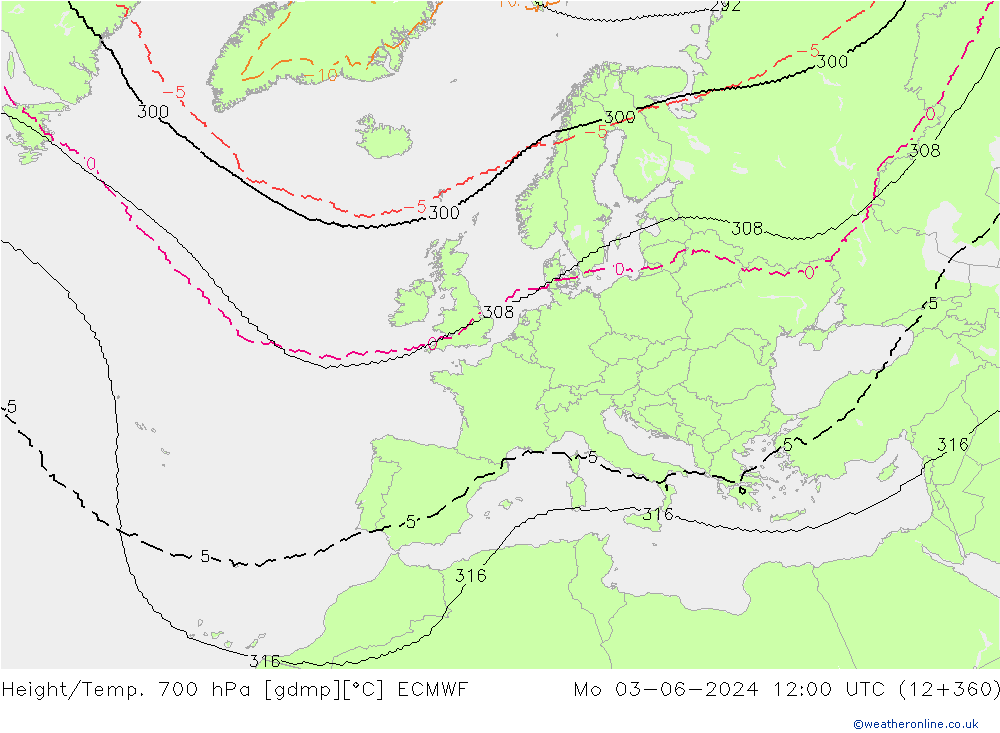 Height/Temp. 700 hPa ECMWF Mo 03.06.2024 12 UTC