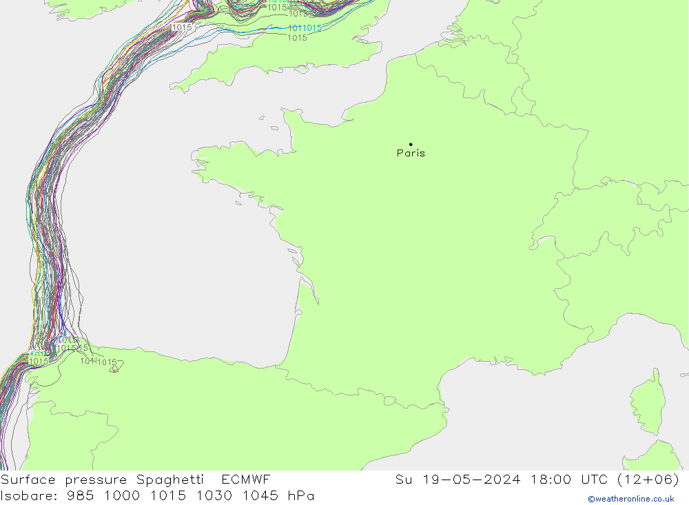 Pressione al suolo Spaghetti ECMWF dom 19.05.2024 18 UTC