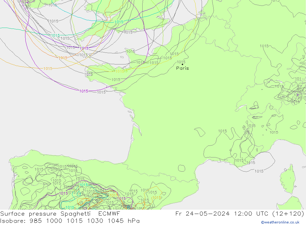 pressão do solo Spaghetti ECMWF Sex 24.05.2024 12 UTC