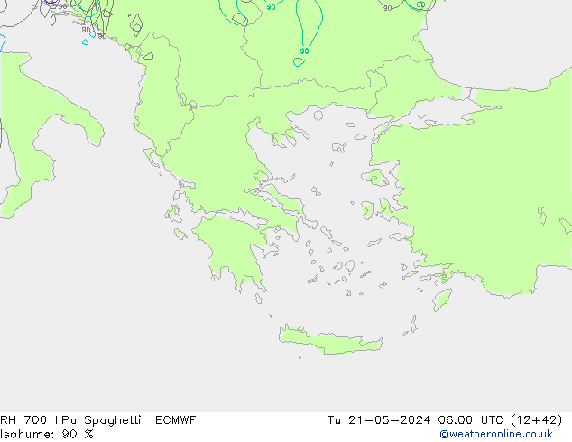 RH 700 hPa Spaghetti ECMWF Ter 21.05.2024 06 UTC