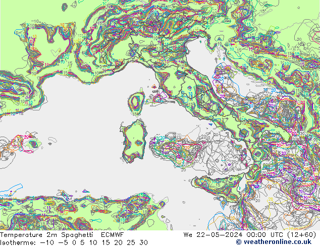 Temperatura 2m Spaghetti ECMWF Qua 22.05.2024 00 UTC