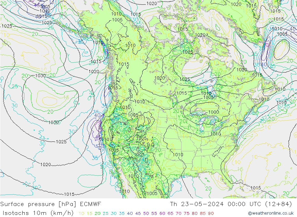 Isotachen (km/h) ECMWF do 23.05.2024 00 UTC