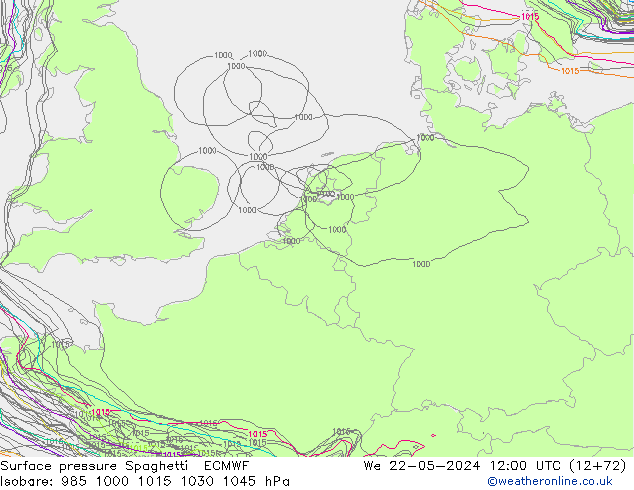 Surface pressure Spaghetti ECMWF We 22.05.2024 12 UTC