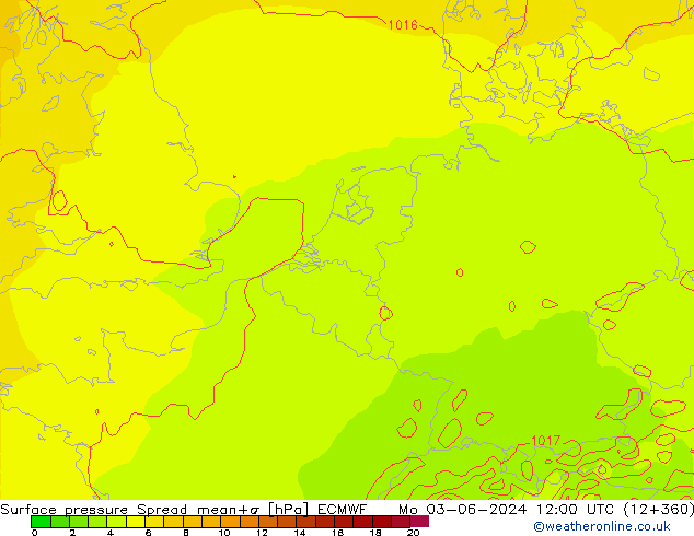 Luchtdruk op zeeniveau Spread ECMWF ma 03.06.2024 12 UTC
