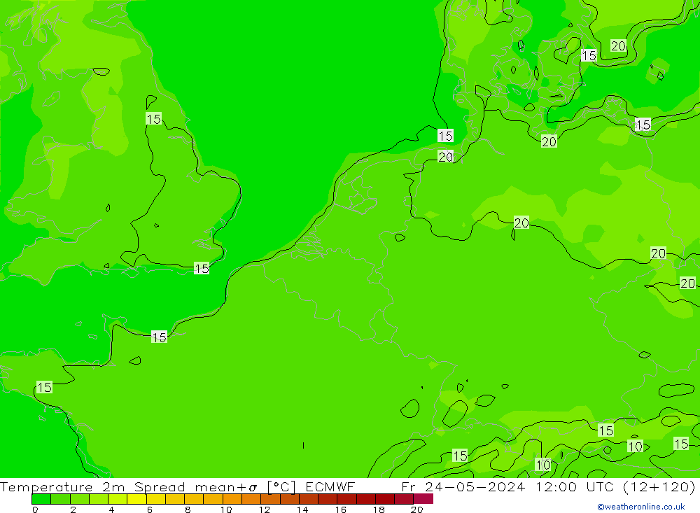 Temperatuurkaart Spread ECMWF vr 24.05.2024 12 UTC