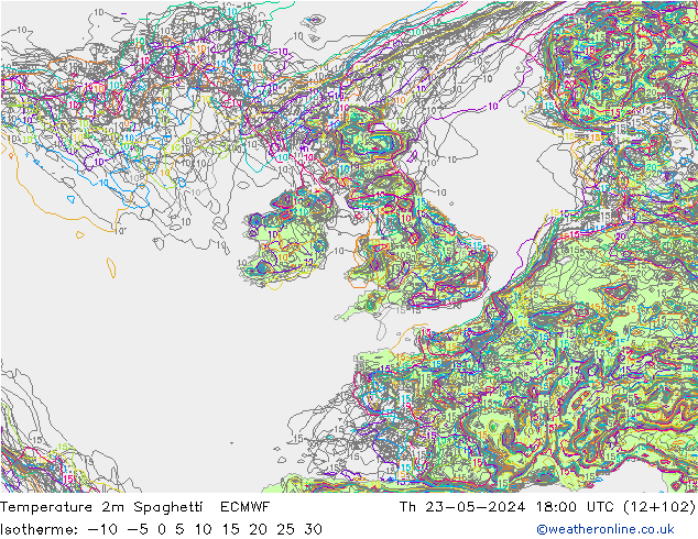 Temperature 2m Spaghetti ECMWF Th 23.05.2024 18 UTC