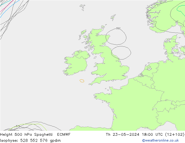 Height 500 hPa Spaghetti ECMWF Qui 23.05.2024 18 UTC