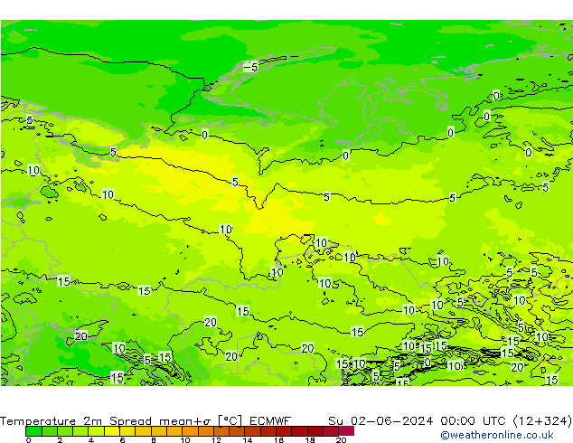 Temperatuurkaart Spread ECMWF zo 02.06.2024 00 UTC